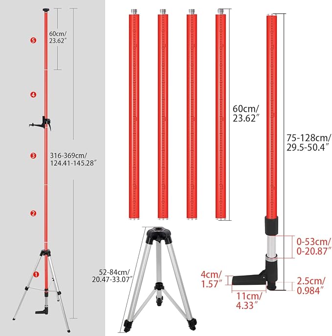 12Ft/3.7M Professional Telescoping Laser Level Pole with Tripod & Laser Mount - 1/4"-20 & 5/8"-11 Adapters, Adjustable Laser Pole Mount for Rotary/Line Lasers(Red)