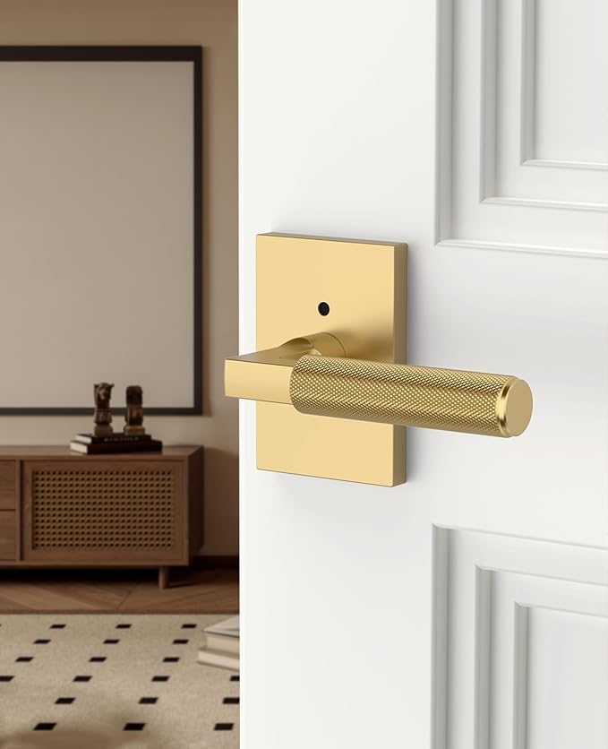 Asidrama 1 Pack Champagne Bronze Privacy Door Handles, Door Lever with Door Knobs Indoor for Bedroom or Bathroom, Heavy Duty Door Handles Interior with Locks for Left Right Sided Doors ZR08-098