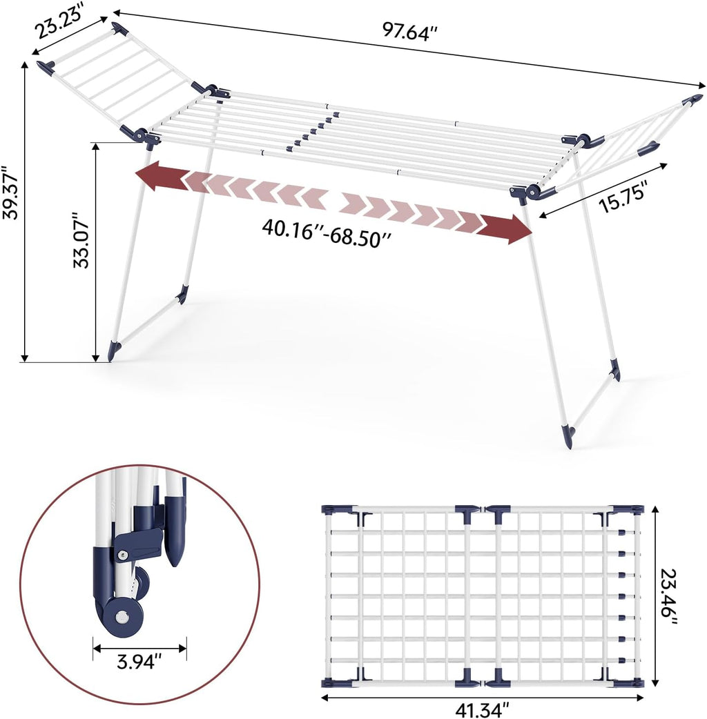APEXCHASER Clothes Drying Rack Foldable, Large Drying Rack for Clothing Retractable, Winged Laundry Rack Folding Indoor Outdoor, Metal Clothes Airer for Bedding Towel Sweater Heavy Duty, White