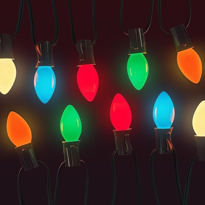 25 Pack C7 Multicolor Christmas Replacement Bulbs,C7 E12 Candelabra Base,Vintage Ceramic Glass Lights,120V 5W Incandescent Night Light Bulbs for Patio, Roofline, Garden, Wedding, Party Decorations