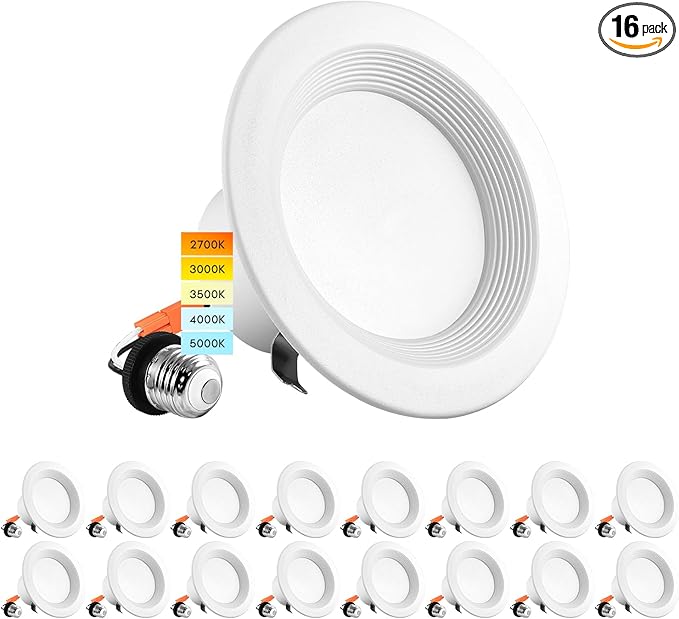LUXRITE 4 Inch LED Recessed Can Lights, 10W=60W, CCT Color Selectable 2700K | 3000K | 3500K | 4000K | 5000K, Dimmable Retrofit Downlights, 750 Lumens, Energy Star, Wet Rated, Baffle Trim (16 Pack)