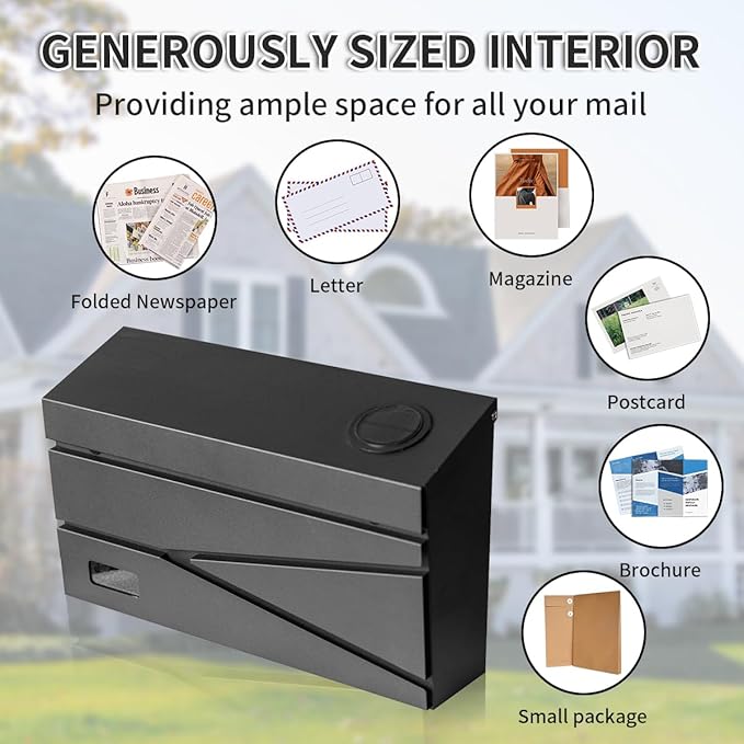 Wall Mount Mailbox, Large Capacity Mailbox for House, Visibility Galvanized Steel Rust-Proof Metal Post Box Drop, Mailboxes for Outside, 15.74"×9.84"×4.33" Solar Lanterns Black