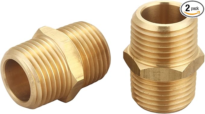 1/2 inch x 1/2 inch NPT Brass Hex Nipple Male Pipe Adapter, Thread 0.75" OD to 0.75" OD (2 Piece)