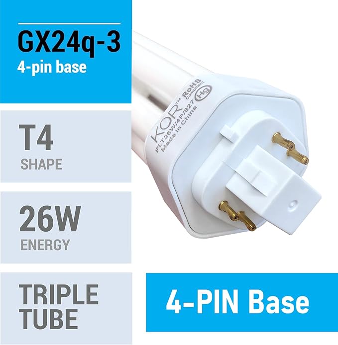 KOR (Pack of 4 26 Watt Triple Tube - GX24Q-3 (4 Pin) Base -3500K White - CFL Light Bulb - Philips 268243 PL-T 26W/35/4P/ALTO - GE 97616 F26TBX/835/A/ECO