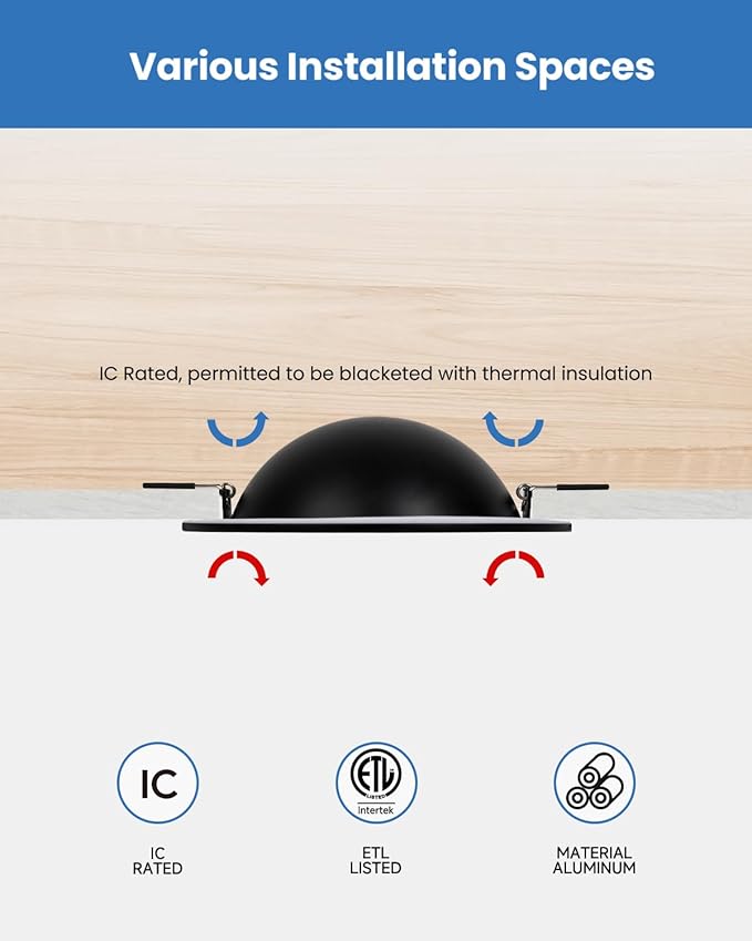 Recessed Lighting 6 inch - 12W Gimbal Light Eyeball Sloped Ceiling Recessed Spotlight 1300lm Black Trim 90° Tilt Swivel Soffit Wafer Lights 5CCT Adjustable Indoor Dimmable Black 6 inch 6 Pack