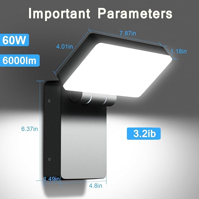 60W LED Flood Light Outdoor Wall Pack 5000K 360° Rotatable Head IP65 Waterproof 6000LM 85V-277V Commercial Flood Security Wall Mount Porch Lights for Indoor,Garage,Yard,Barn,Bedroom