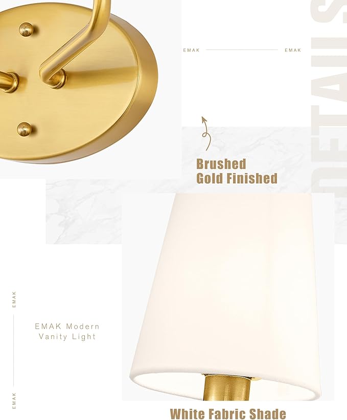 Emak 2-Light Bathroom Vanity Light, Brushed Gold Bathroom Light Fixtures Over Mirror with Flared White Fabric Shade, Modern Wall Sconce for Bath, Mirror, Hallway, VL132-BGD-WF-2