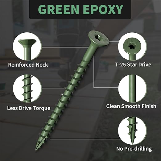 Wood Screws 2-1/2 Inch, FIXLINK Deck Screws #10 x 2-1/2", 105 PCS, Epoxy Coated, T25 Star Bit Above 1500 Hour Salt Spray Coating Outdoor Decking Screws Excellent Rust Resistant for Wood Fence, Green