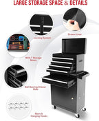 2 in 1 Tool Chest with 5 Drawers, Tool Cart with 7 Organizer Tray Divider Set & Wheels, Large Rolling Tool Box Organizer for Garage, Workshop, Home Crafts