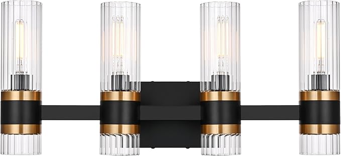 MELUCEE Bathroom Vanity Light Black 4 Lights with Ribbed Clear Glass Shade, Vanity Lighting Fixtures Over Mirror Farmhouse Bathroom Wall Lights for Powder Room Kitchen Foyer, E12 Base