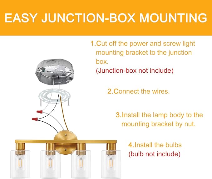 4 Light Gold Bathroom Vanity Light, Brushed Brass Bathroom Light Fixtures with Clear Glass Shade, Modern Wall Lamp Sconce Lighting for Bath Mirror Bedroom Living Room Hallway Porch