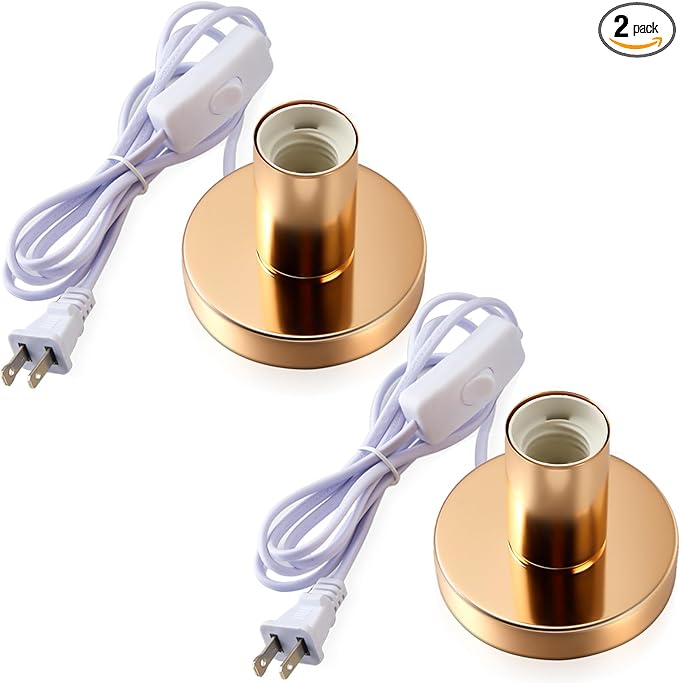 Tuanse 2 Pcs Polished Metal Desktop Lamp Base E26 E27 Screw Light Bulb Holder Sockets Night Light Base Lamp Replacement for Holding Bulb 6 Feet Cord on Off Switch Plug(Gold)