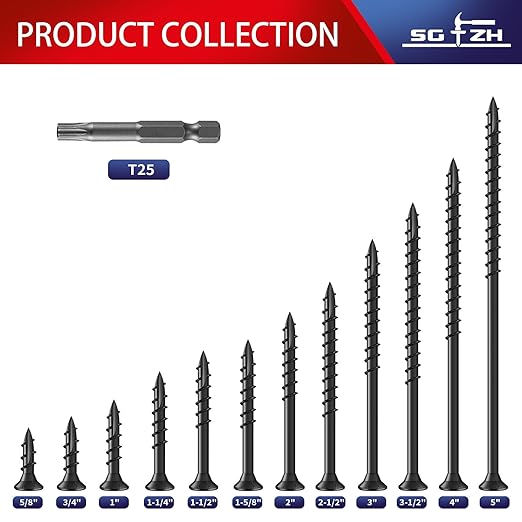 #9 x 2-1/2" Deck Screws (372Pcs) 4lb. Exterior Wood Screws. Carbon Steel, Black, Flat Head, Rust Resistant epoxy Coated, with T25 Star Bit