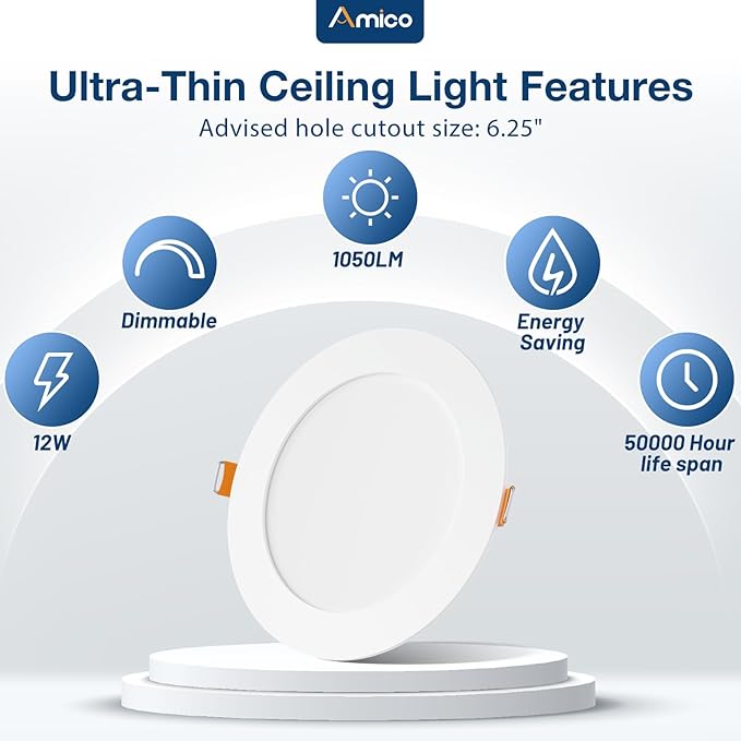 Amico 36 Pack 6 Inch 5CCT Ultra-Thin LED Recessed Ceiling Light with Plastic Junction Box, 2700K/3000K/3500K/4000K/5000K Selectable,1050LM, Dimmable Canless Wafer Downlight, 12W, ETL&FCC