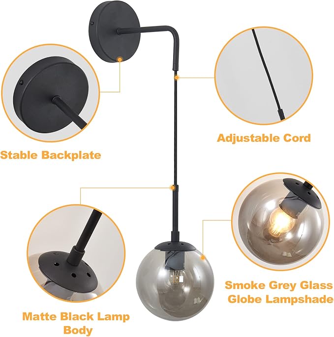 KCO Lighting Black Glass Globe Wall Sconce Set of 2 Farmhouse Industrial Wall Lamp with Adjustable Cord Mid Century Modern Wall Mount Reading Light for Bathroom Mirror Bedside Stairs (Smoke Grey)