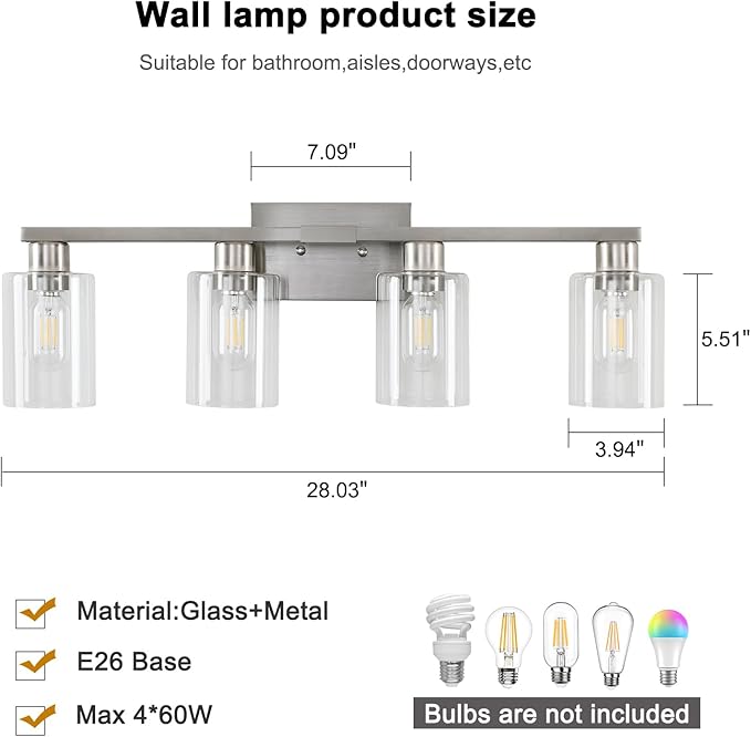 4 Light Bathroom Light Fixtures, Brushed Nickel Modern Bathroom Vanity Light with Clear Glass Shade, Bathroom Lighting Fixtures Over Mirror, Vanity Lights for Bathroom Mirror
