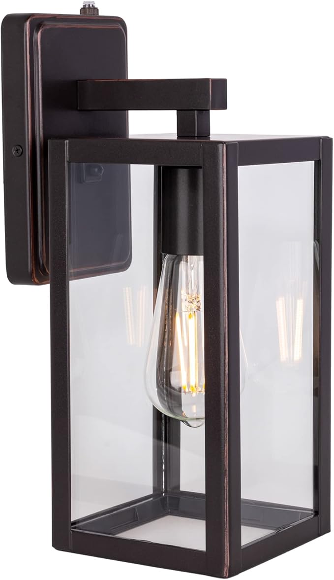 LIT-PaTH Dusk to Dawn Outdoor Wall Lantern, Wall Sconce as Porch Lighting Fixture, E26 Medium Base Max 60W, Anti-Rust Metal with Glass Shade, Oil Rubbed Bronze Finish, 1-Pack