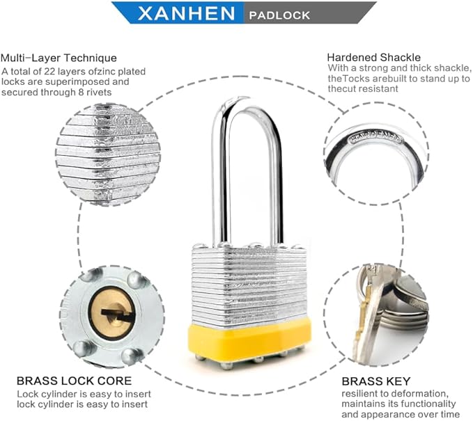 Keyed Alike Laminated Steel Padlocks with Long Shackle for Sheds, Fences & Lockers (60-Pack)