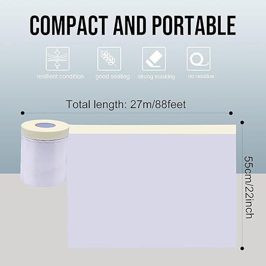 Lichamp Plastic Cover for Painting, Pre-Taped Masking Film, 22 inch x 30 Yard x 3 Rolls (90 Yards Total), Painters Plastic with Tape, Advanced Masking Tape Film