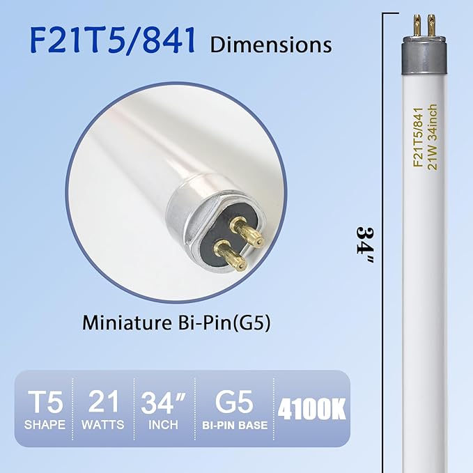 amgolibi F21T5/841 34 inch Fluorescent Tube, 21W T5 Light Bulb, 2000 Lumens, 4100K Cool White, 82+ CRI, G5 Mini-Bin Base 6 Pack