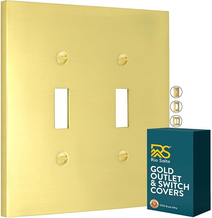 RIO SALTO Modern Metal Vibrant Yellow Gold Double Toggle Light Switch Cover Metal Decorative Toggle Switch Covers Wall Plate Outlet Wall Electric Outlet Socket Togle (Double Toggle 2-Gang)