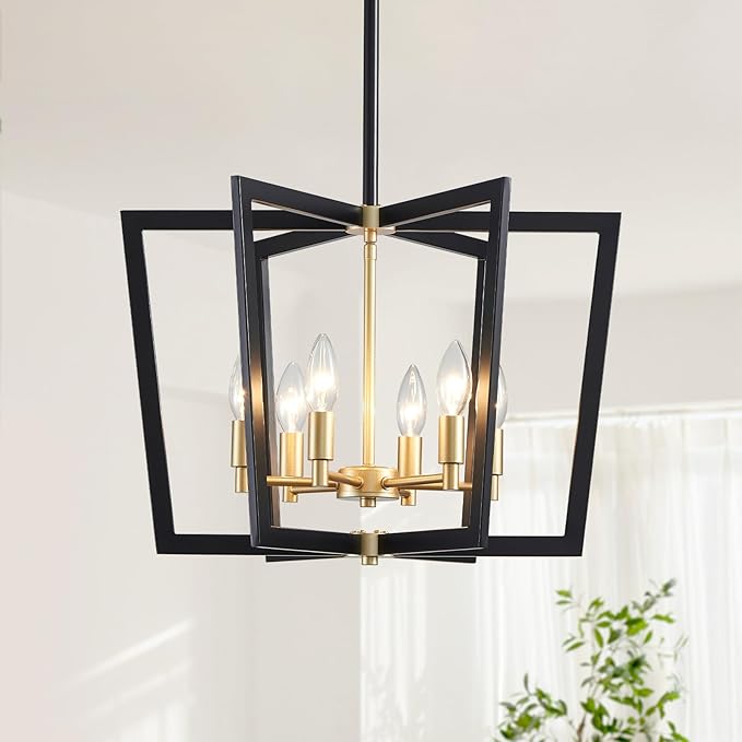 Modern Black Gold Chandelier 6-Light Farmhouse Geometric Pendant Lighting Fixture for Dining Room Living Room Kitchen Island Entryway Bedroom Office, 20" Ceiling Hanging Lamp