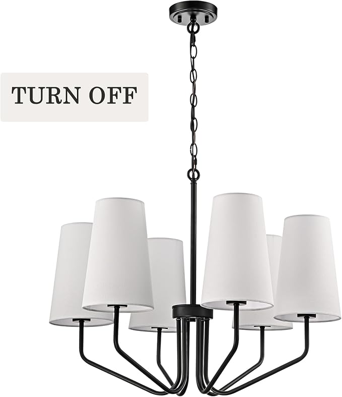 Modern Black Metal Chandelier with Linen Shade 6-Light E26 Adjustable Chandelier for Living Room, Dining Room, Bedroom, Kitchen Island