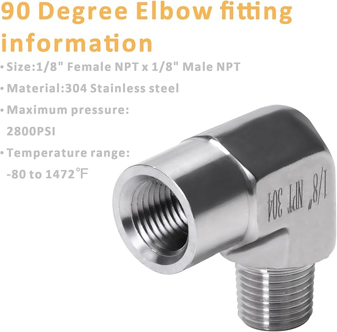 90 Degree Street Elbow - 1/8" NPT Male to 1/8" NPT Female Stainless Steel 304 Heavy Duty Forged Barstock Street Elbow Adapter Pipe Fitting (pack of 2)