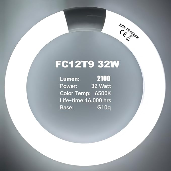 FC8T9 22W and FC12T9 32W Set Daylight, 8 inch T9 22 Watts Circular Light Bulbs, 12 inch 32 Watts Circline Fluorescent Bulb CRI 80, 6500K 3350 Lumen G10q