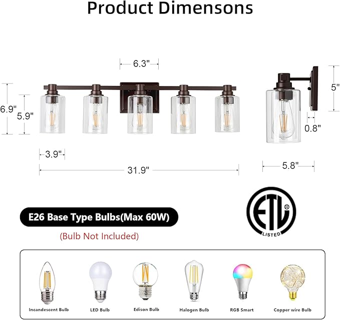 5 Lights Bathroom Lighting Fixtures Over Mirror Oil Rubbed Bronze Bathroom Vanity Light Fixture Farmhouse Vanity Light Vintage for Bedroom Living Room Hallway