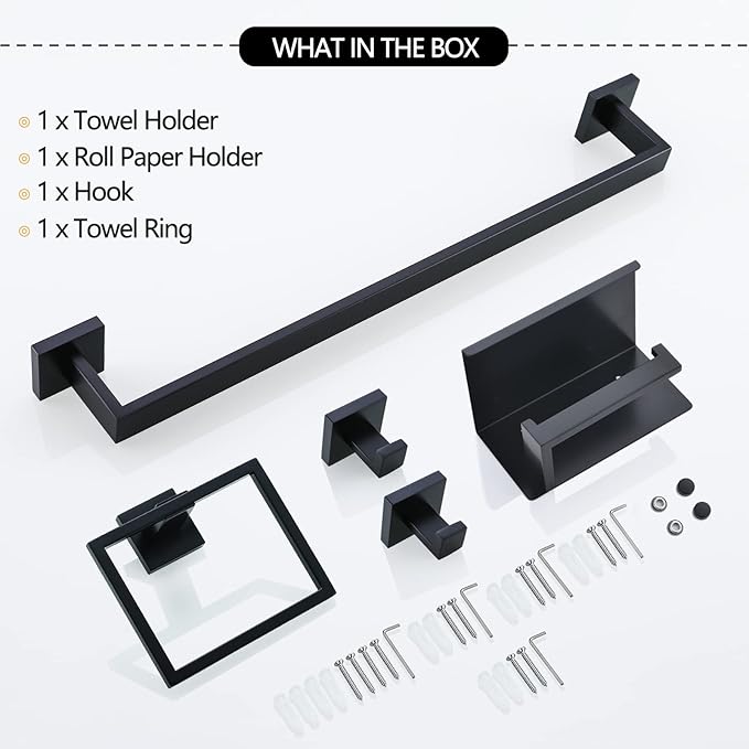TNOMS Black Towel Bar Set 5-Piece Bathroom Hardware Set Including 23.6 Inch Towel Bar,Towel Ring Towel Hook and Toilet Paper Holder with Shelf,Stainless Steel Bathroom Accessories Set