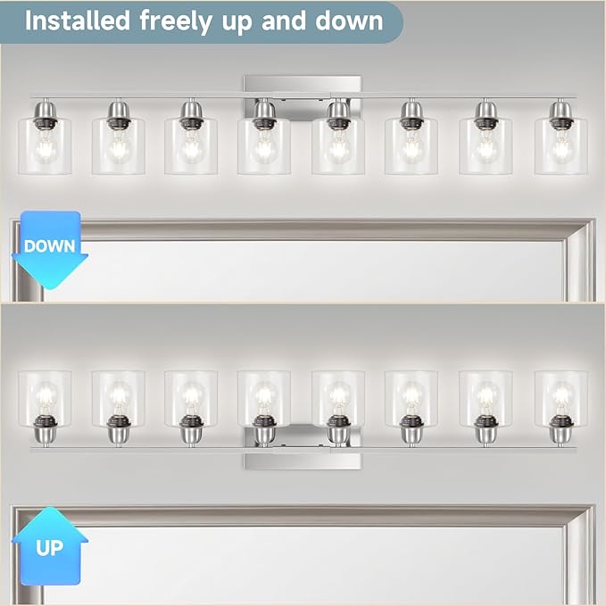 Modern Brushed Nickel 8 Light Bathroom Light Fixtures,52 inch Vanity Lights for Bathroom with Clear Glass for Mirror Kitchen Living Room Hallway Cabinet Porch