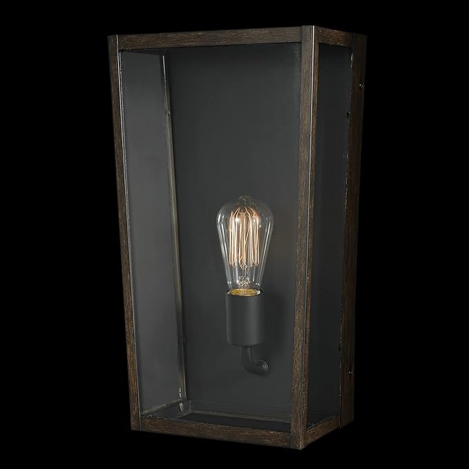 GLOBE Electric 44788 Greer 1-Light Outdoor Wall Sconce, Matte Black, Faux Wood Accents, Clear Glass Shade