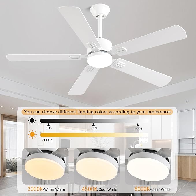 56inch Modern White Ceiling Fans with Lights and Remote/App Control, Dimmable LED, Reversible DC Motor, Noiseless, 6 Speeds Low Profile Ceiling Fan for Livingroom Indoor/Outdoor Use