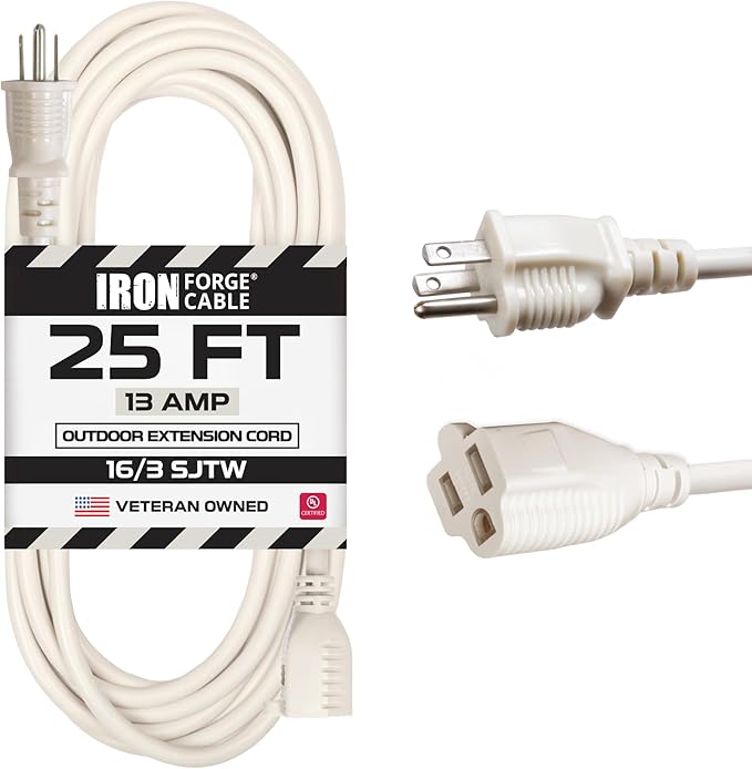 Iron Forge Cable Weatherproof 25 Ft Outdoor Extension Cord - 16/3 SJTW Heavy Duty Beige Extension Cord 3 Prong - 13 Amp Exterior Power Cable