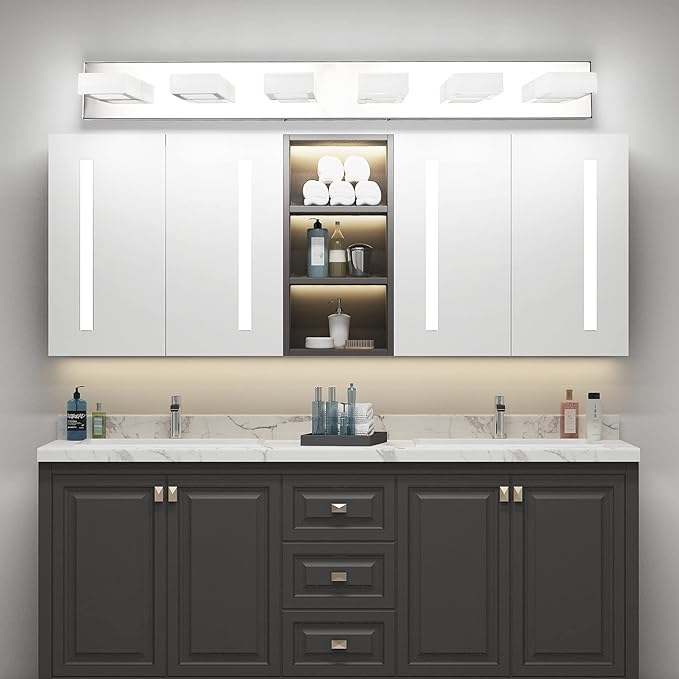 Ralbay LED Modern Chrome Vanity Lights 6 Lights Stainless Steel Acrylic Modern LED Bathroom Vanity Lights Over Mirror (4500K Neutral White Light)