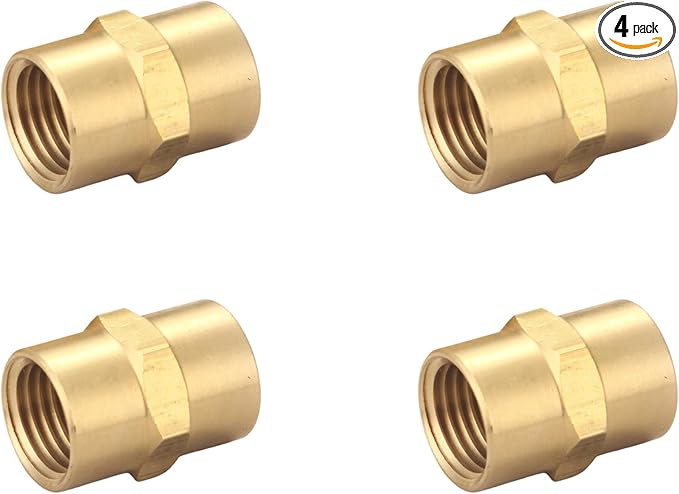 Brass Coupling 1/4 Inch NPT Female x 1/4 Inch NPT Female Hex Head Pipe Fitting, Compressor connector fnpt to fnpt Coupler, Air Hose Adapter Fittings, Thread 0.5" ID to 0.5" ID, 4 Pcs