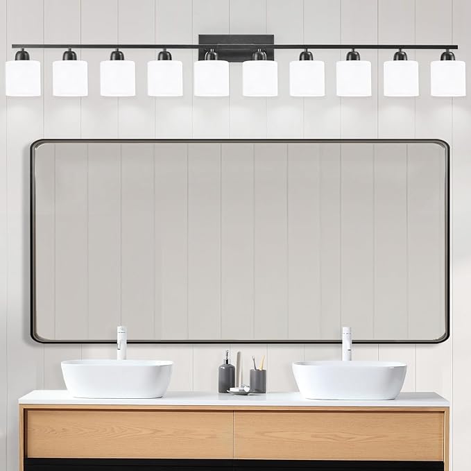 10 Light Black Vanity Lights for Giant Mirror, Bathroom Vanity Lights Over Mirror with Milky White Frosted Glass Shades,65 inch Bathroom Light Fixture for Mirrors, E26