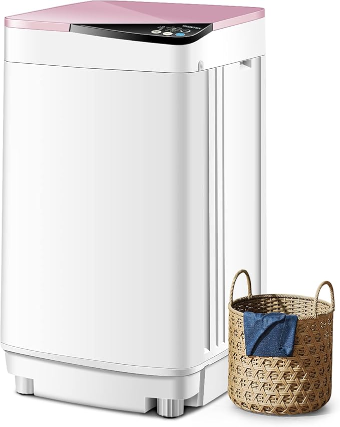 COSTWAY Portable Washing Machine, 7.7lbs Capacity Compact Laundry Washer and Spin Combo with 6 Programs, Built-in Barrel Light, Full-Automatic Washing Machine for Apartments Camping RVs Dorm, Pink