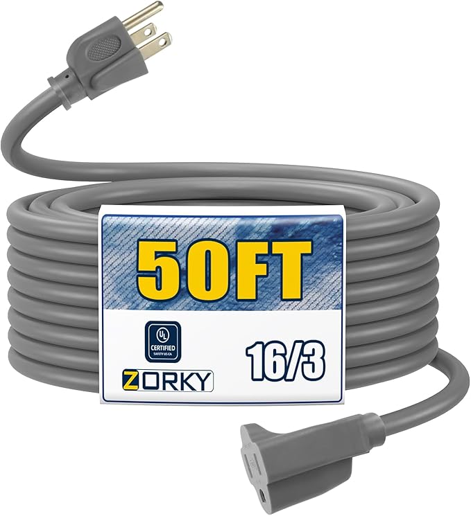 50ft Outdoor Extension Cord for Christmas Decorations- 16/3 Heavy Duty SJTW Waterproof Gray Electrical Cable with 3 Prong Grounded Plug for Safety, Great for Lawn and Major Appliances