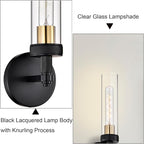 Black Wall Sconces Set of Two,Knurled Texture Modern Wall Sconce,Tube Clear Glass Matte Black Vanity Light,Industrial Bathroom Sconces Wall Lighting,Wall Lights for Bedroom,Living Room,Hallway