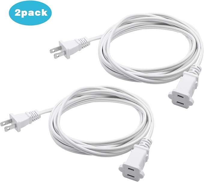 2Pack 2 Prong Extension Cord 5ft,Indoor Small and Slim Power Cable Male/Female,Lightweight Design for Decor Use, Christmas Lights & Home Appliances,White