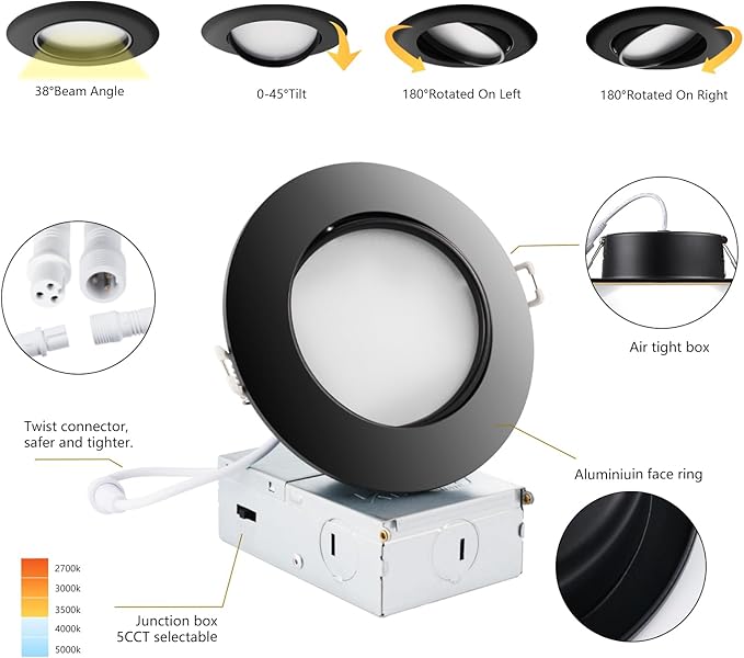 Black Recessed Lighting 4 Inch 6 Pack,Ajustable Eyeball Gimbal Light,Led Recessed Lighting 4 Inch Ceiling Light with Junction Box,5CCT Selectable,Airtight,9W 750LM,Dimmable,ETL Listed
