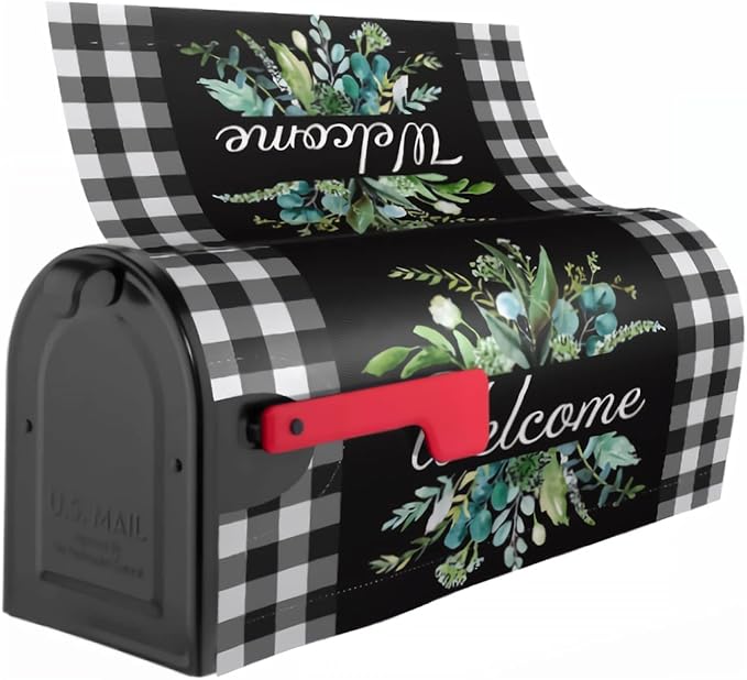 Kawani Buffalo Plaid Mailbox Cover - Black & White Plaid with Leaves - Magnetic Welcome - Standard Size 25.5 x 21 Inches