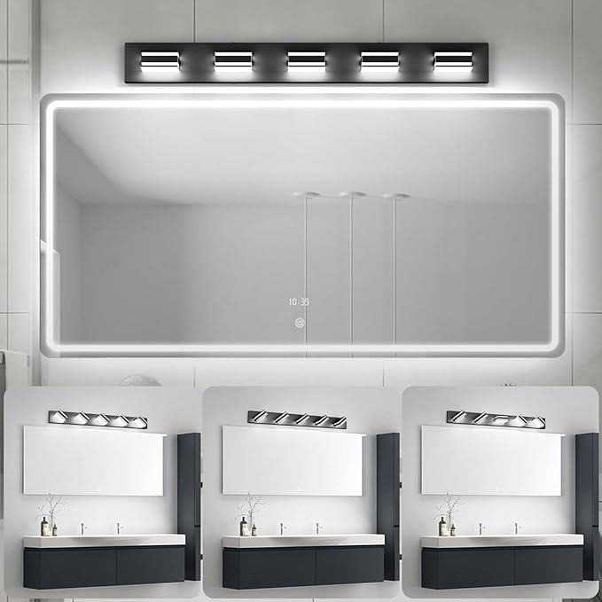 Ralbay Black Vanity Light Fixtures 40.5inch 5-Light Acrylic Modern LED Matte Black Bathroom Wall Vanity Lighting Fixtures Over Mirror