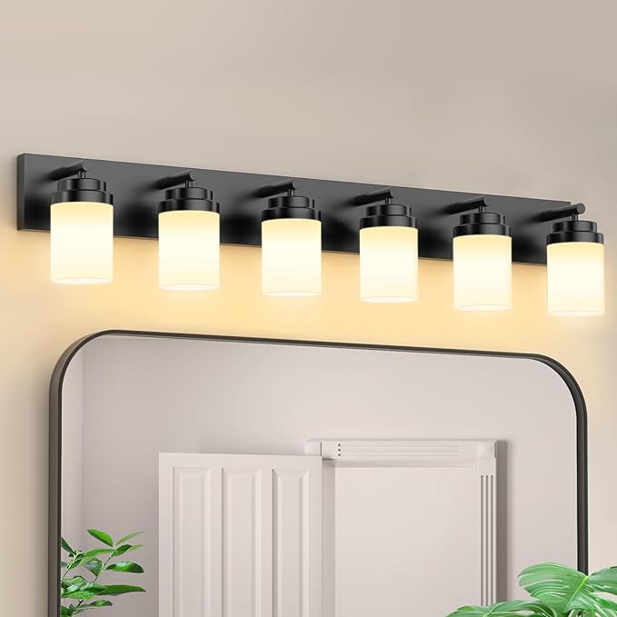 IZORRO Bathroom Vanity Light Fixture, 6-Light 43 Inch Matte Black Bathroom Light Fixtures Over Mirror, with White Glass Shade, Modern Farmhouse Vanity Lights, Rustic Restroom Lighting Fixtures