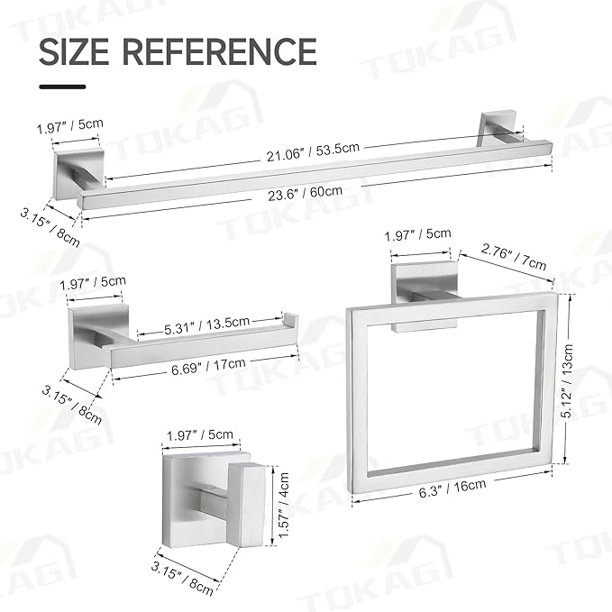 TQKAG Brushed Nickel Bathroom Hardware Accessories Set 10 Pieces, 23.6" SUS304 Stainless Steel Towel Bar Set Wall Mounted Includes Single Towel Bar, Towel Ring, Toilet Paper Holder, Double Towel Hooks
