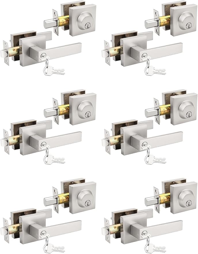 6 Pack Brushed Nickel Keyed Alike Front/Exterior Door Lever with Single Cylinder Deadbolt, Square Entry Door Knob Lock Set with Deadbolt Combination Sets, for Entrance/Front and Office Doors