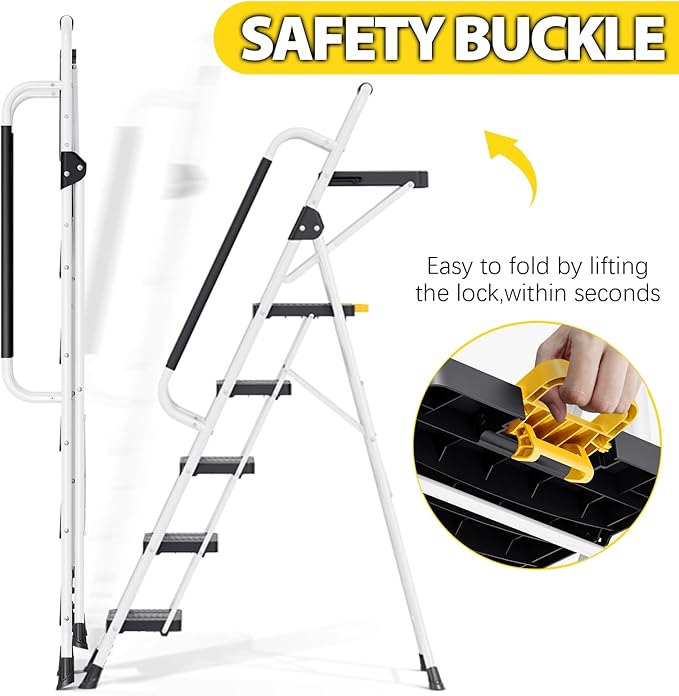 KINGRACK Folding 5-Step Ladder, 800 lbs Capacity Step Stool with Safety Lock, Tool Tray, Non-Skid Wide Steps, Handrail, Household Folding Ladder for Home, Garden, Painting, Outdoor, and Garage, White