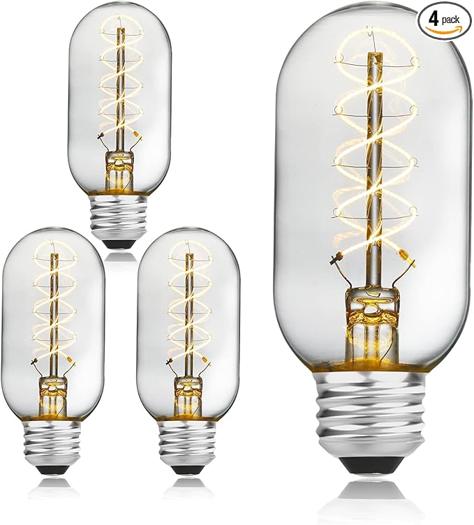 AMDTU Dimmable 40 Watt Edison Light Bulbs, Vintage E26 LED Bulb Soft White 2700K, Super Thin Spiral Filament, T45 Incandescent Tubular Bulb 40W, Clear Glass Light Bulb 4W 120V E26 Base, 4 Pack